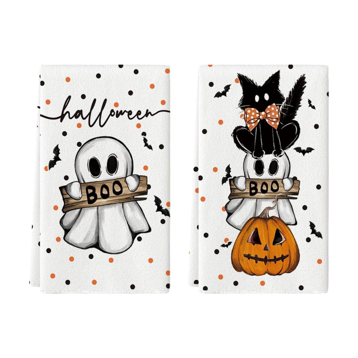 Artoid Mode Beige Cat Ghost Halloween Kitchen Towels Set of 2 18x26 Inch