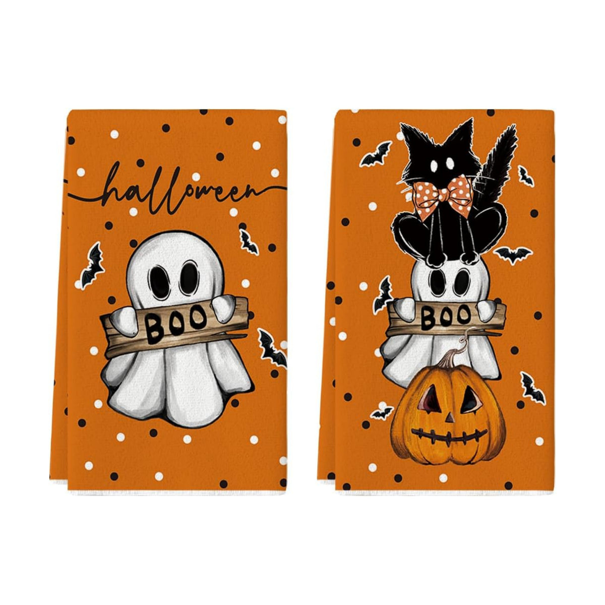 Artoid Mode Orange Cat Ghost Halloween Kitchen Towels Set of 2 18x26 Inch