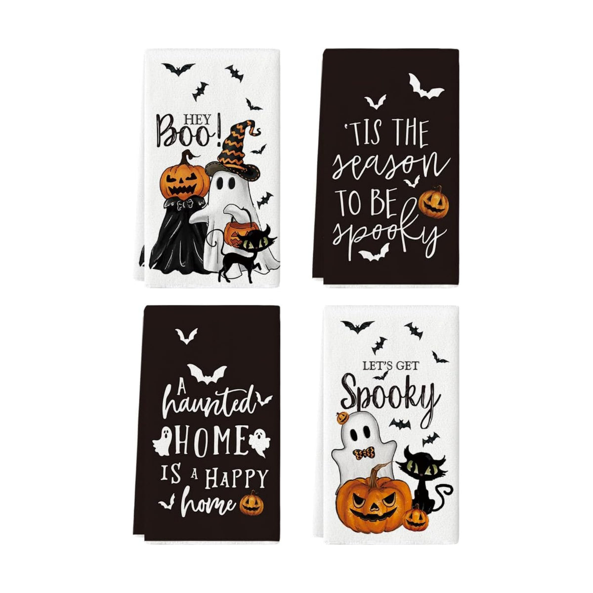Artoid Mode Ghost Pumpkin Bats Halloween Kitchen Towels Set of 4 18x26 Inch