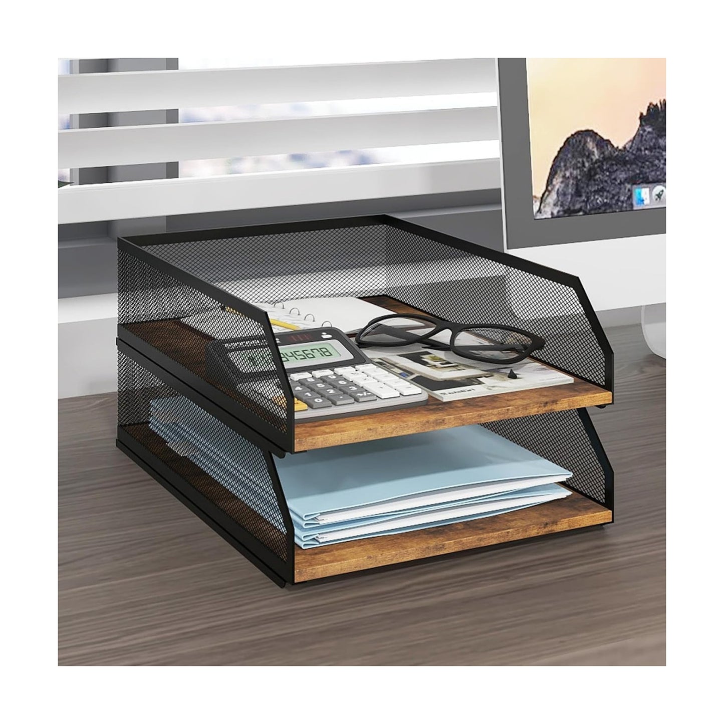 Natwind 2-Tier Stackable Metal Mesh Paper Organizer with Sliding Tray,Retro | Wooden Desk Organizer, Letter Tray For