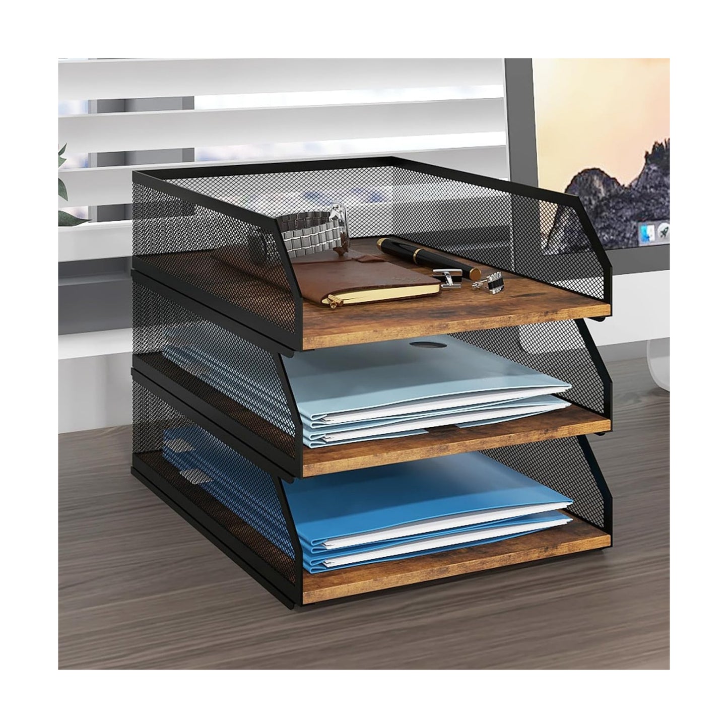 Natwind 3-Tier Stackable Metal Mesh Paper Organizer with Sliding Tray,Retro | Wooden Desk Organizer, Letter Tray For