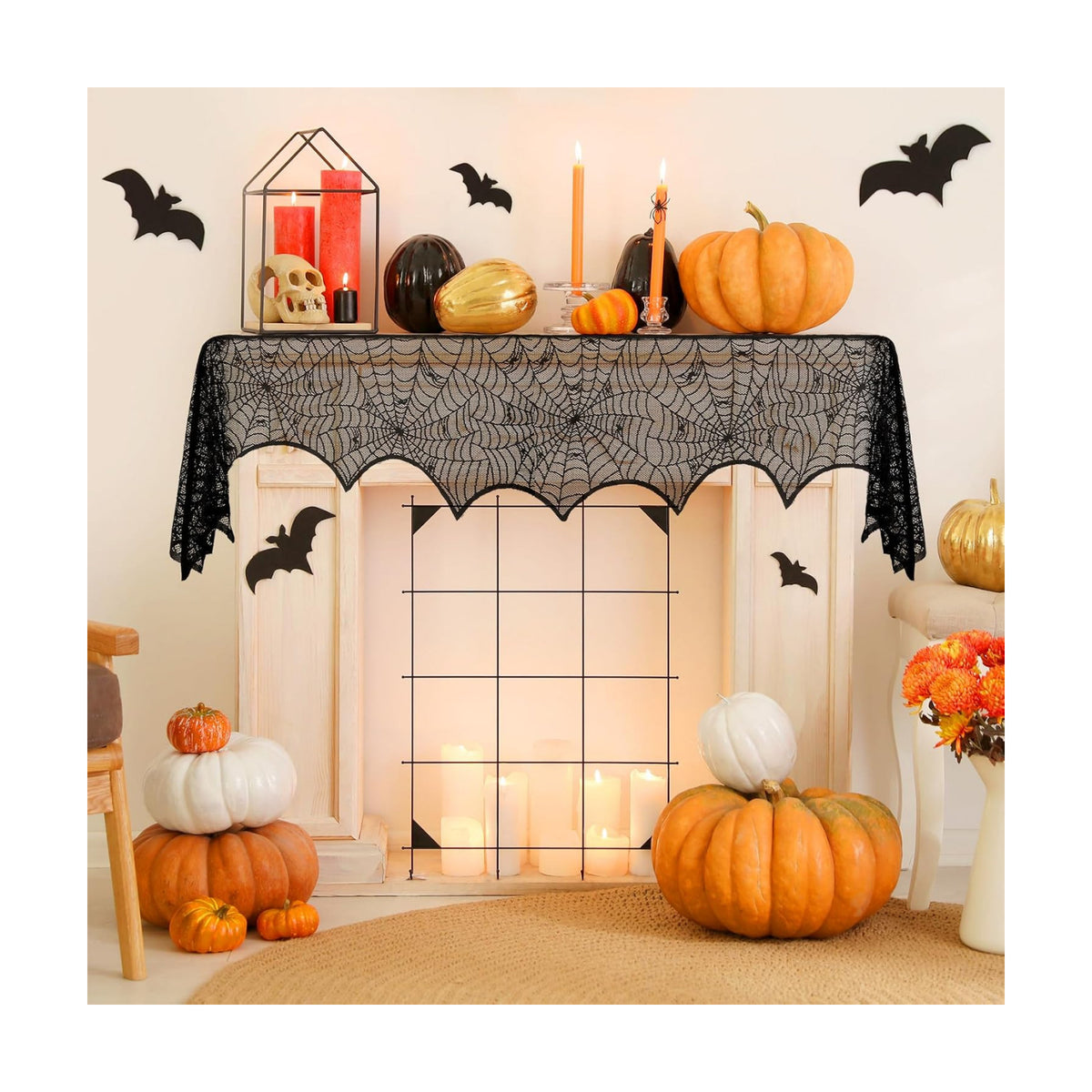 Halloween Fireplace Decoration Mantel Decoration, Cobweb Fireplace Scarf Black Lace Spiderweb Fireplace Mantel Cover for Halloween Party Supplies, Halloween Decorations Indoor Halloween Decor