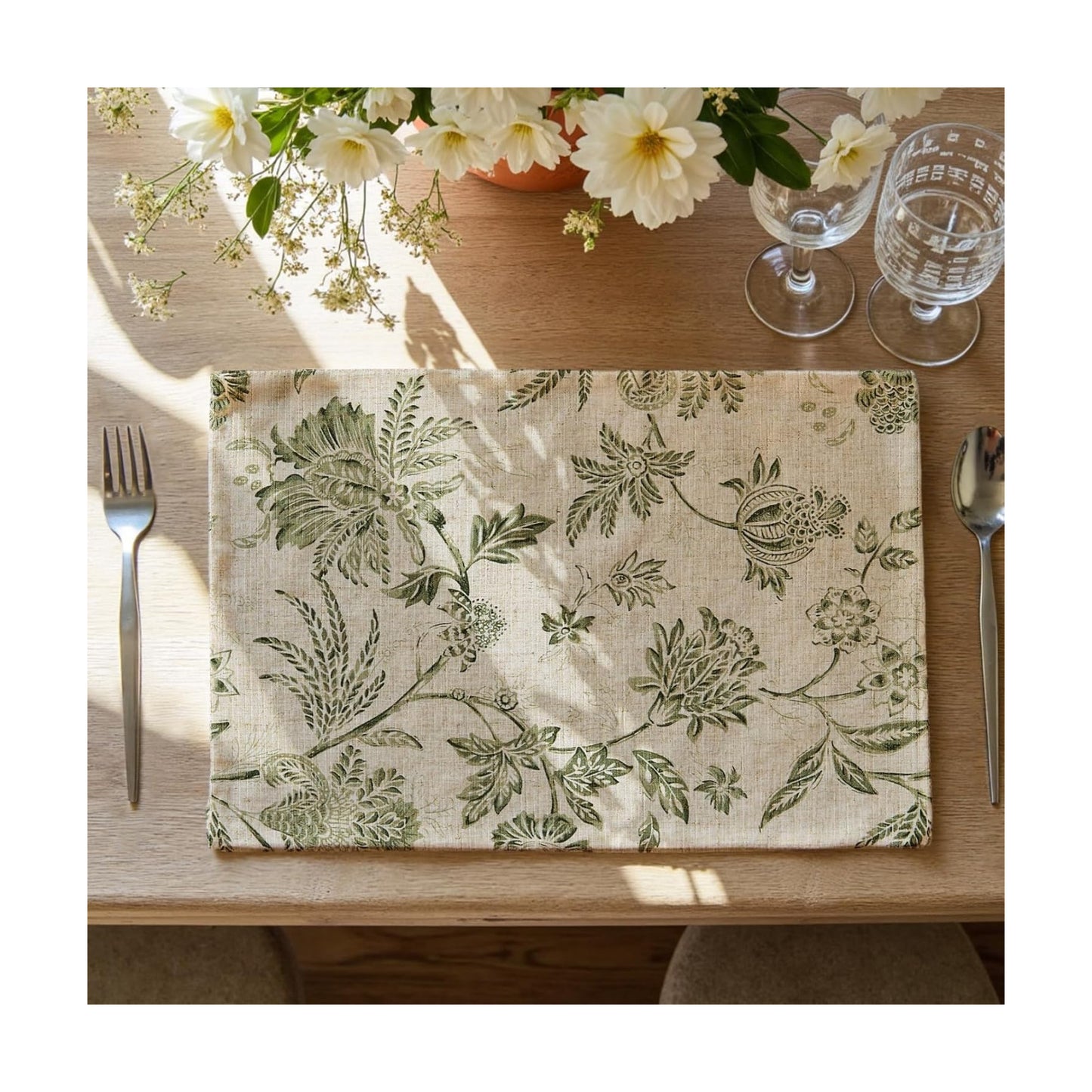 JINCHAN Sliva Linen Floral Placemats Set of 4 Farmhouse 13x19 Sage Green | Fabric Placemats, Cottage Style, Painterly