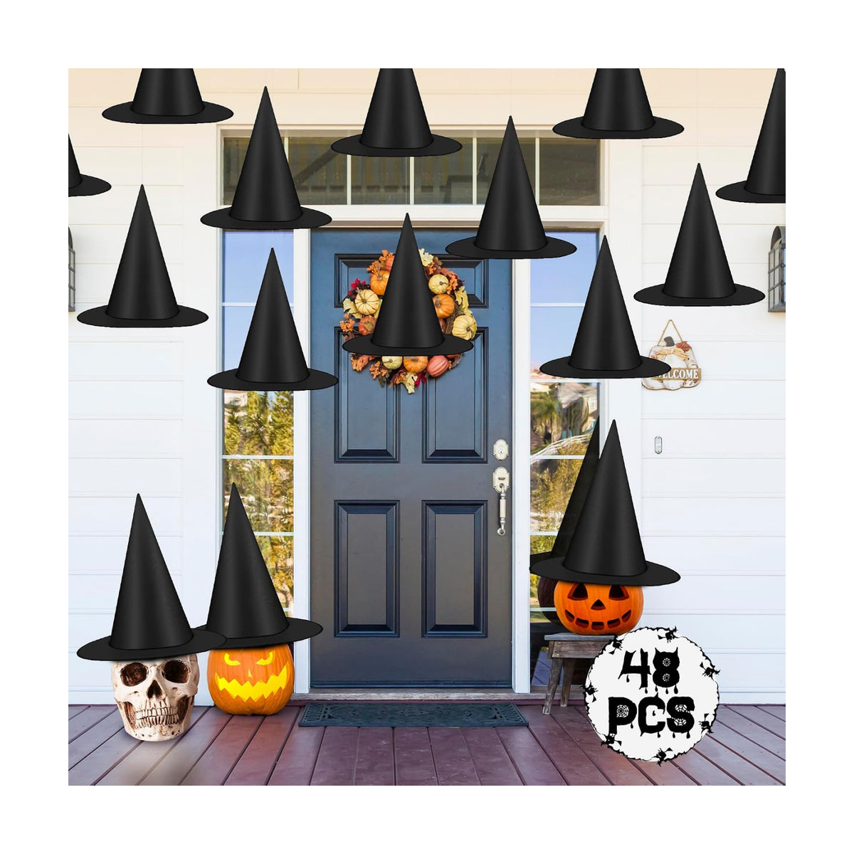 48 PCS Halloween Witches Hat, Black Hanging Halloween Decorations Bulk
