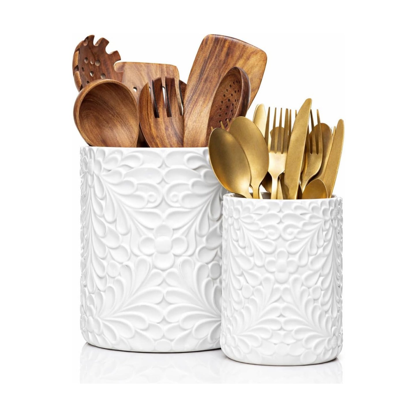 25DOL Large 7.3"+5.4" Engraved Ceramic Utensil Holder for Countertop, Cooking Utensils Organizer for Spatula, Large