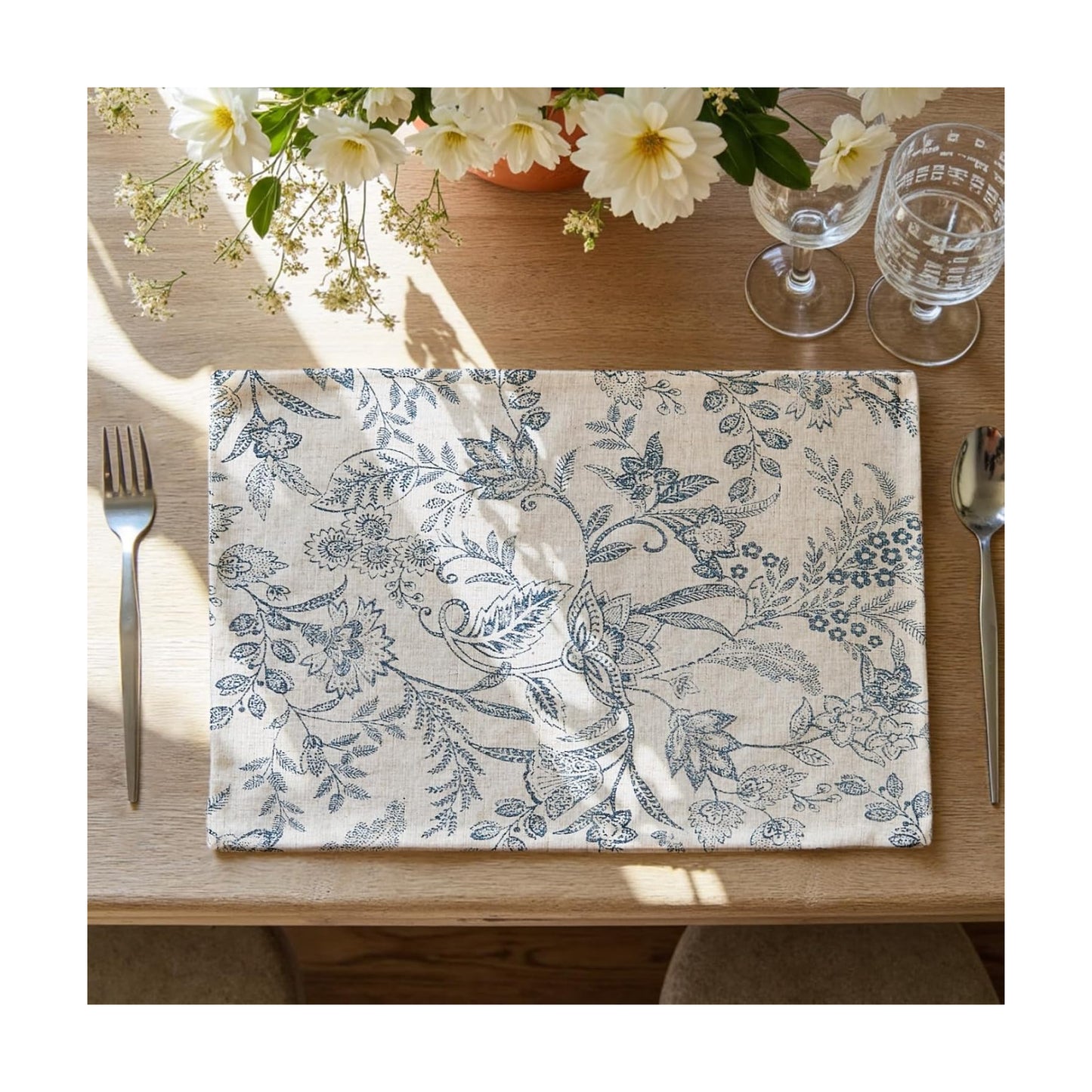 JINCHAN Linen Floral Placemats Set of 4 Farmhouse 13x19 Inch Blue | Fabric Placemats, Cottage Style, Vintage Botanical