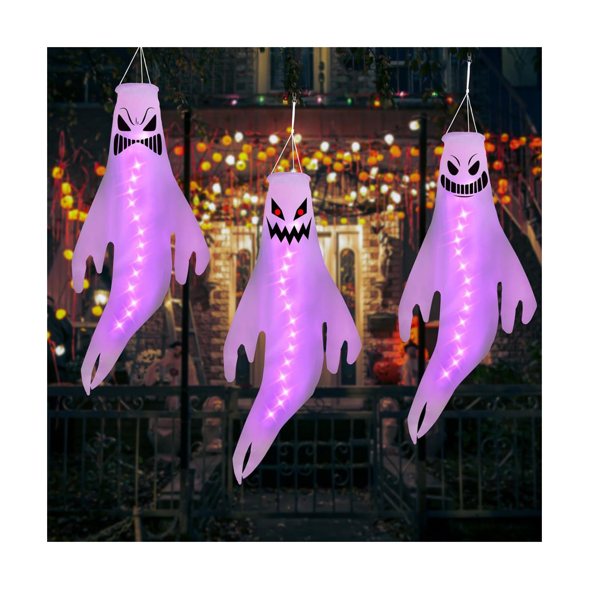 Geefuun 3PCS Purple Halloween Fierce Ghost Windsocks Hanging Decorations - 43 Inch Flag Wind Socks for Home Yard Outdoor Decor Party Supplies (Batteries Not Included,No Timer)