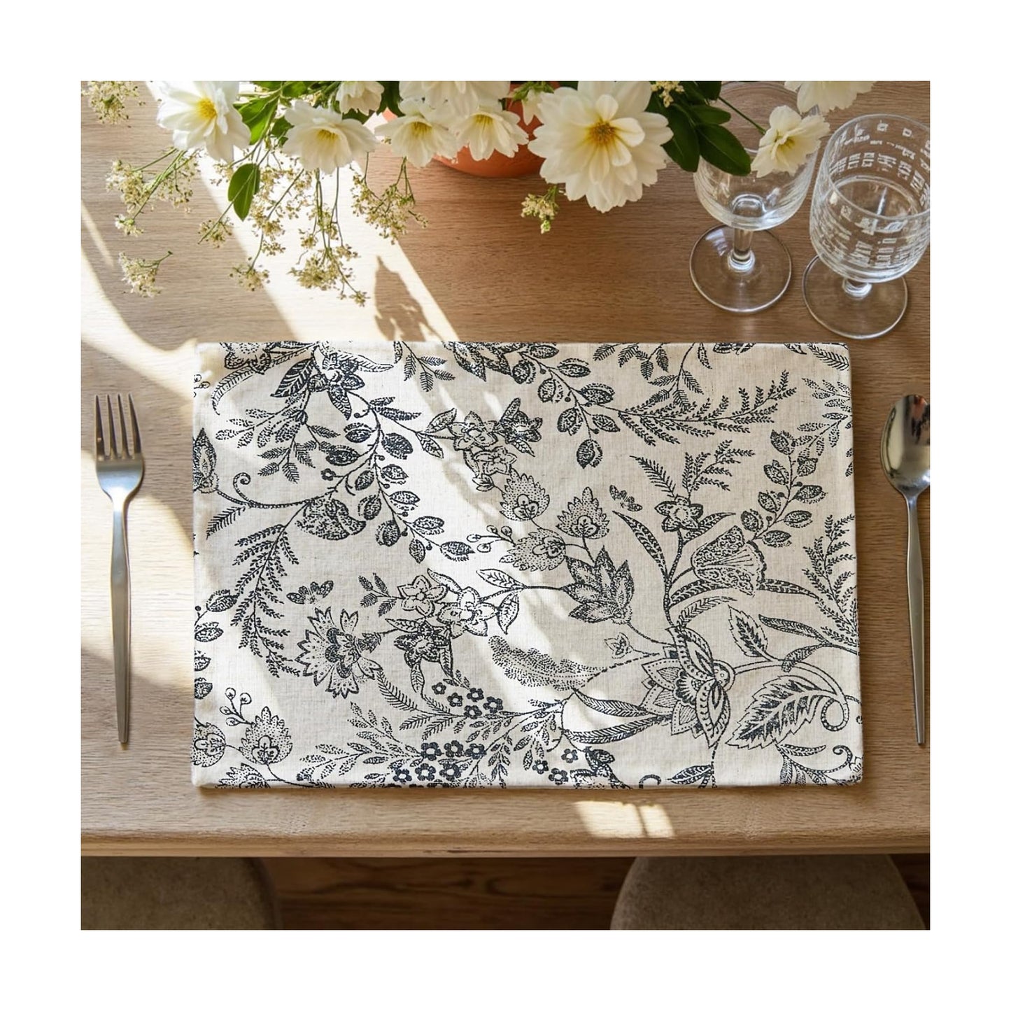JINCHAN Linen Floral Placemats Set of 4 Farmhouse 13x19 Inch Black | Fabric Placemats, Cottage Style, Vintage Botanical