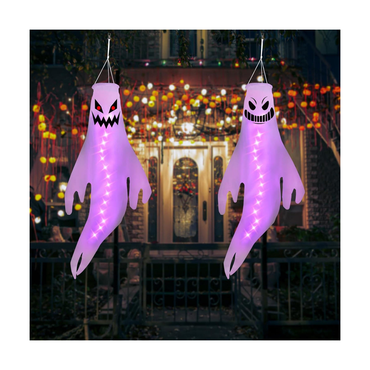 Geefuun 2PCS Purple Halloween Fierce Ghost Windsocks Hanging Decorations -43 Inch Flag Wind Socks for Home Yard Outdoor Decor Party Supplies (Batteries Not Included,No Timer)