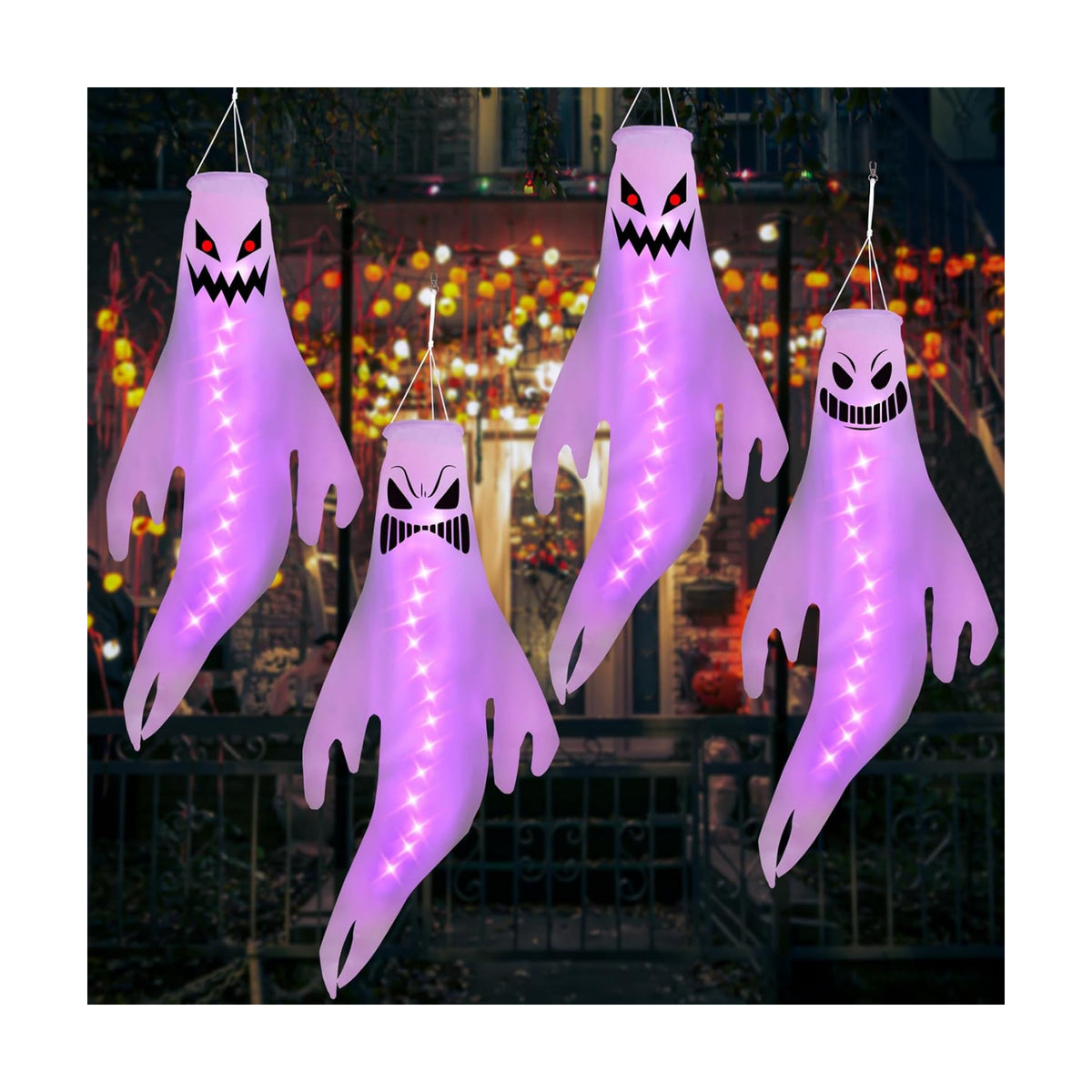 Geefuun 4PCS Purple Halloween Fierce Ghost Windsocks Hanging Decorations - 43 Inch Flag Wind Socks for Home Yard Outdoor Decor Party Supplies (Batteries Not Included,No Timer)
