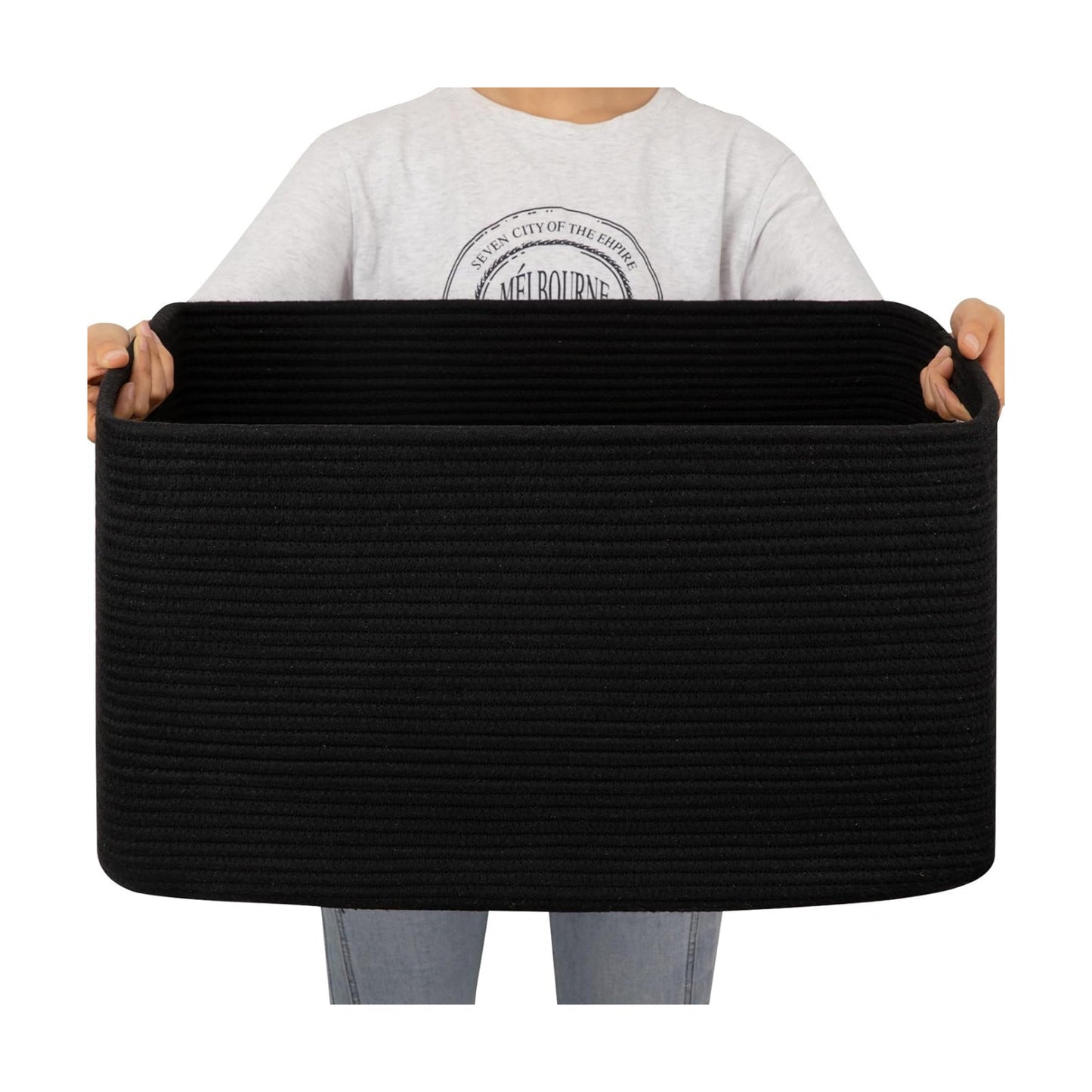 Rectangle Woven Cotton Rope Basket / Charcoal Black / 22 x 17 x 12