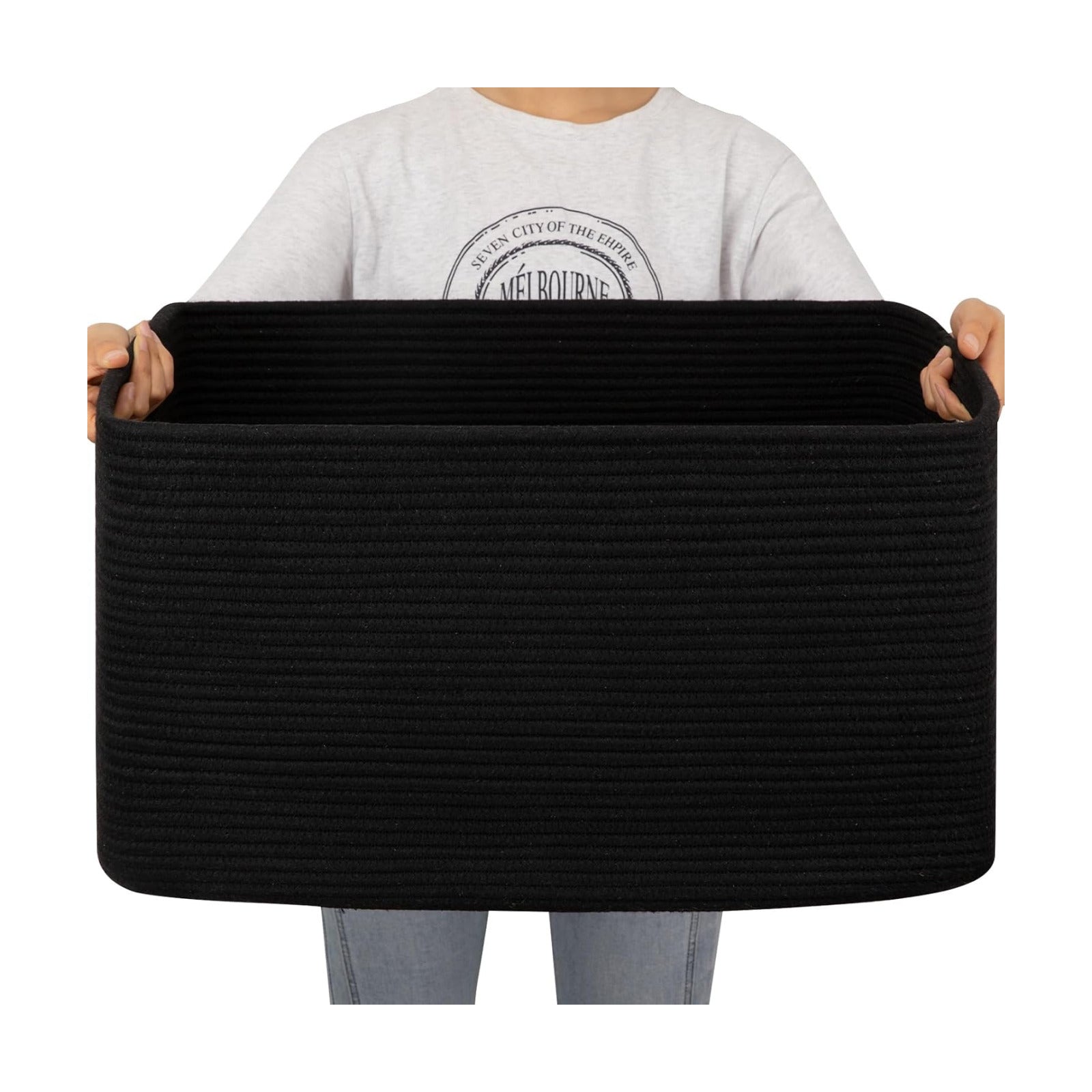 Rectangle Woven Cotton Rope Basket / Charcoal Black / 22 x 17 x 12