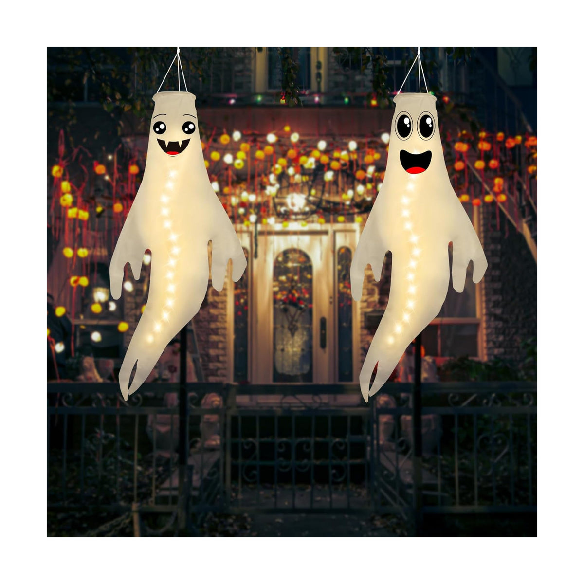Geefuun 2PCS Warm Halloween CuteGhost Windsocks Hanging Decorations - 43 Inch Flag Wind Socks for Home Yard Outdoor Decor Party Supplies (Batteries Not Included,No Timer)