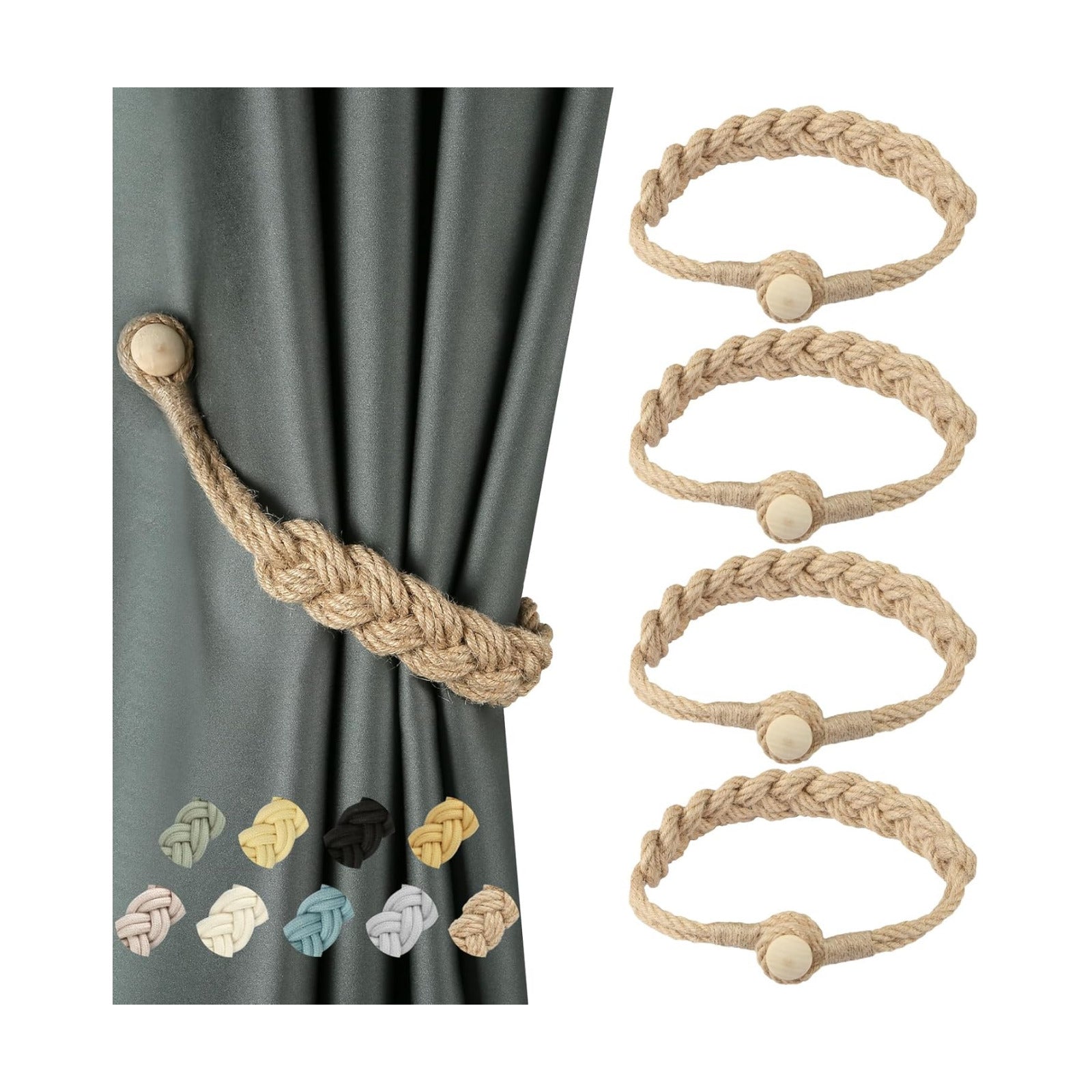 BEL AVENIR Jute Curtain Tiebacks Magnetic 4 Pack Woven Drapery Holdback | Handmade Curtain Ties, No Drill, for Outdoor