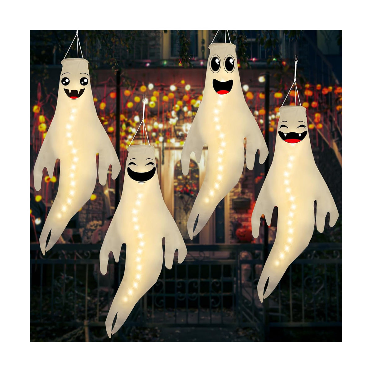 Geefuun 4PCS Warm Light Halloween Cute Ghost Windsocks Hanging Decorations - 43 Inch Flag Wind Socks for Home Yard Outdoor Decor Party Supplies (Batteries Not Included,No Timer)
