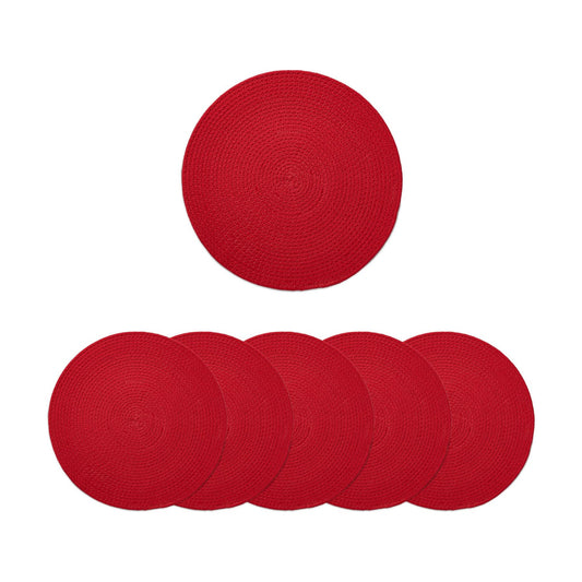 Encasa XO Placemats, Round Cotton Dining Table Mats 13" | Red, Handcrafted Ribbed Texture | Heat Resistant Trivets