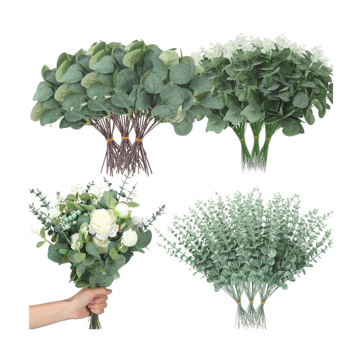 Giegxin 1000 Pcs Mixed Artificial Eucalyptus Leaves Stems Bulk Green
