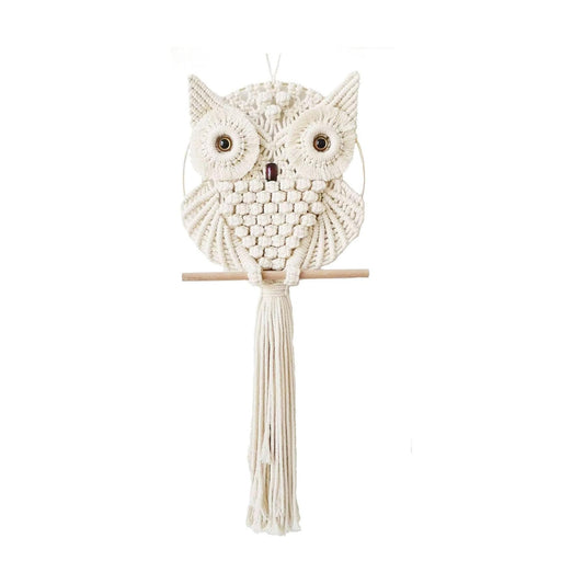Owl Macrame Wall Hanging-Hand Woven Boho Tapestry-Macrame Wall Decor -Owl Decor / Beige / Small