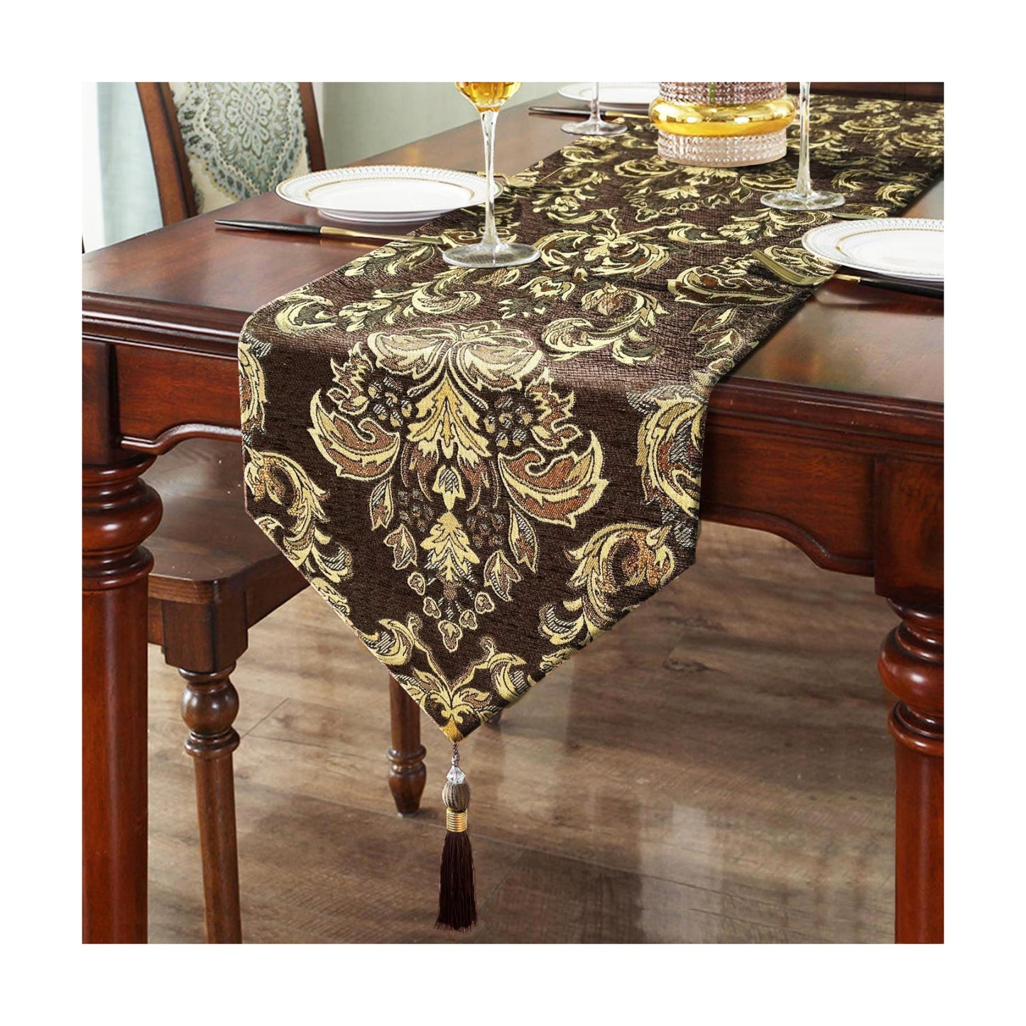 Glittering Colorful Jacquard Table Runner 72 inches Long Dark Brown | Chenille and Satin Fabric,for Christmas Dinner