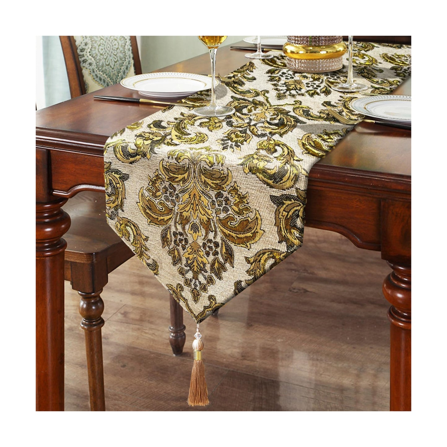 108 Inches Exquisite Gold Floral Jacquard Table Runner Thick Beige Chenille | for Christmas Dining