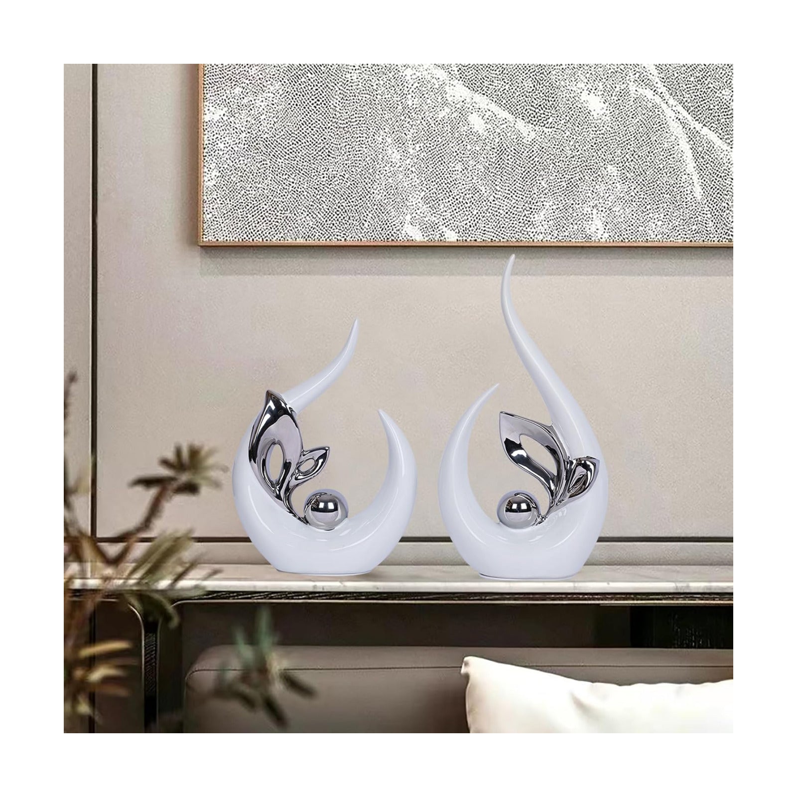 White Decor Accent Ceramic Statue Mid Century Modern Home Decor Accents / White Silver / Set of 2