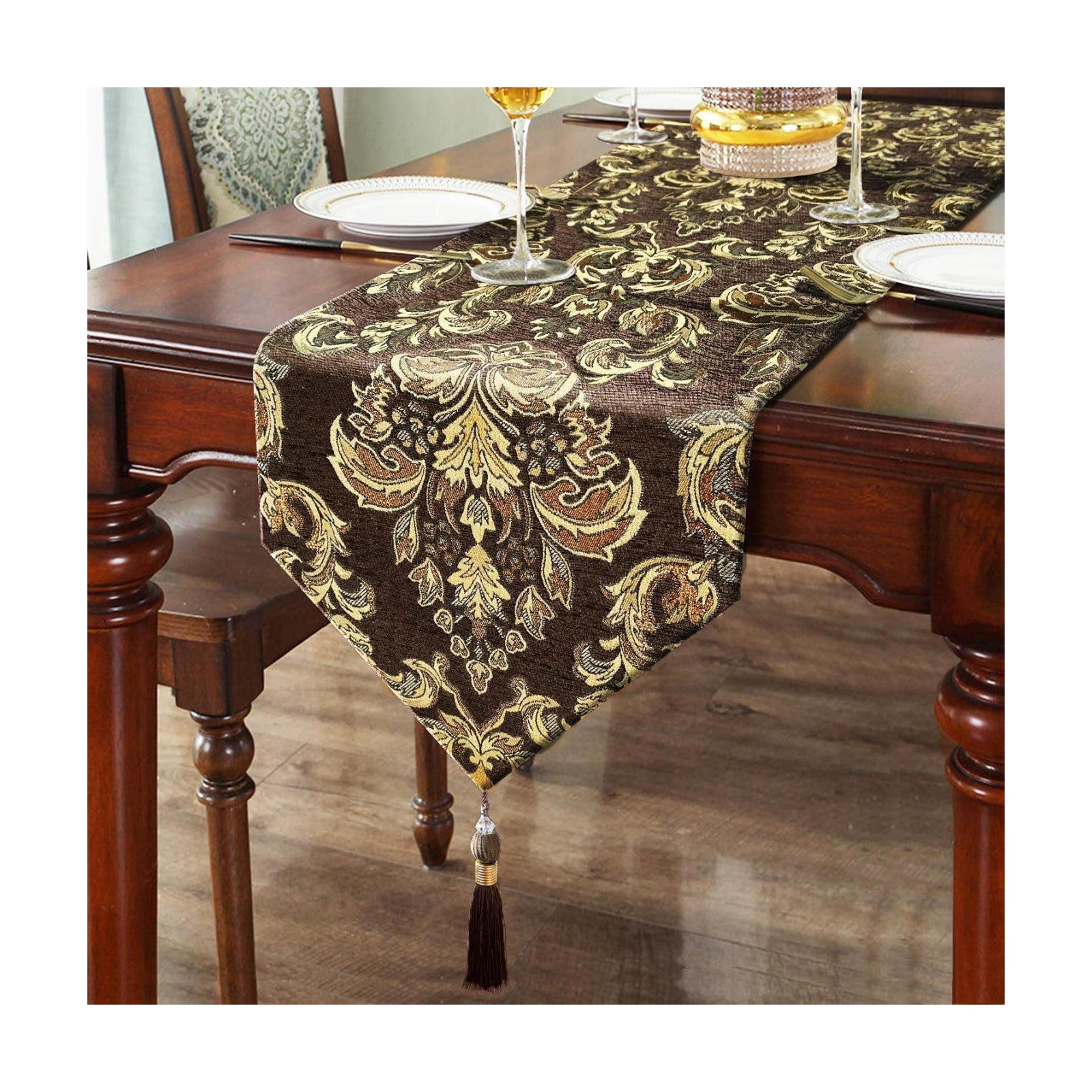 Dark Brown Table Runners 120" Thick Chenille with Europe Floral Pattern | Baroque Style,for Table Decor at Christmas