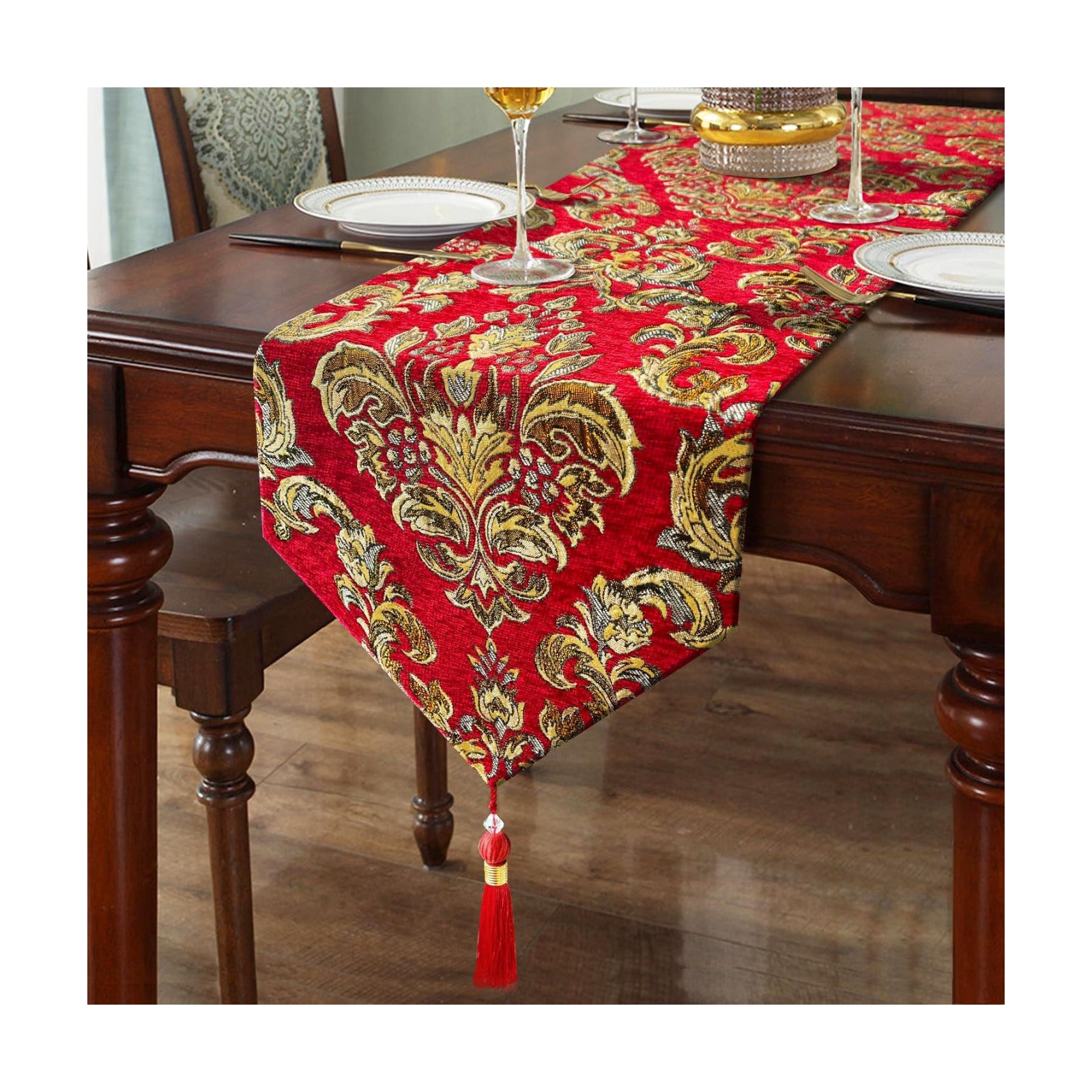 Jacquard Red Table Runner 120" Long Chenille Decor for Dinner Centerpiece | Baroque Style,for Table Decor at Christmas