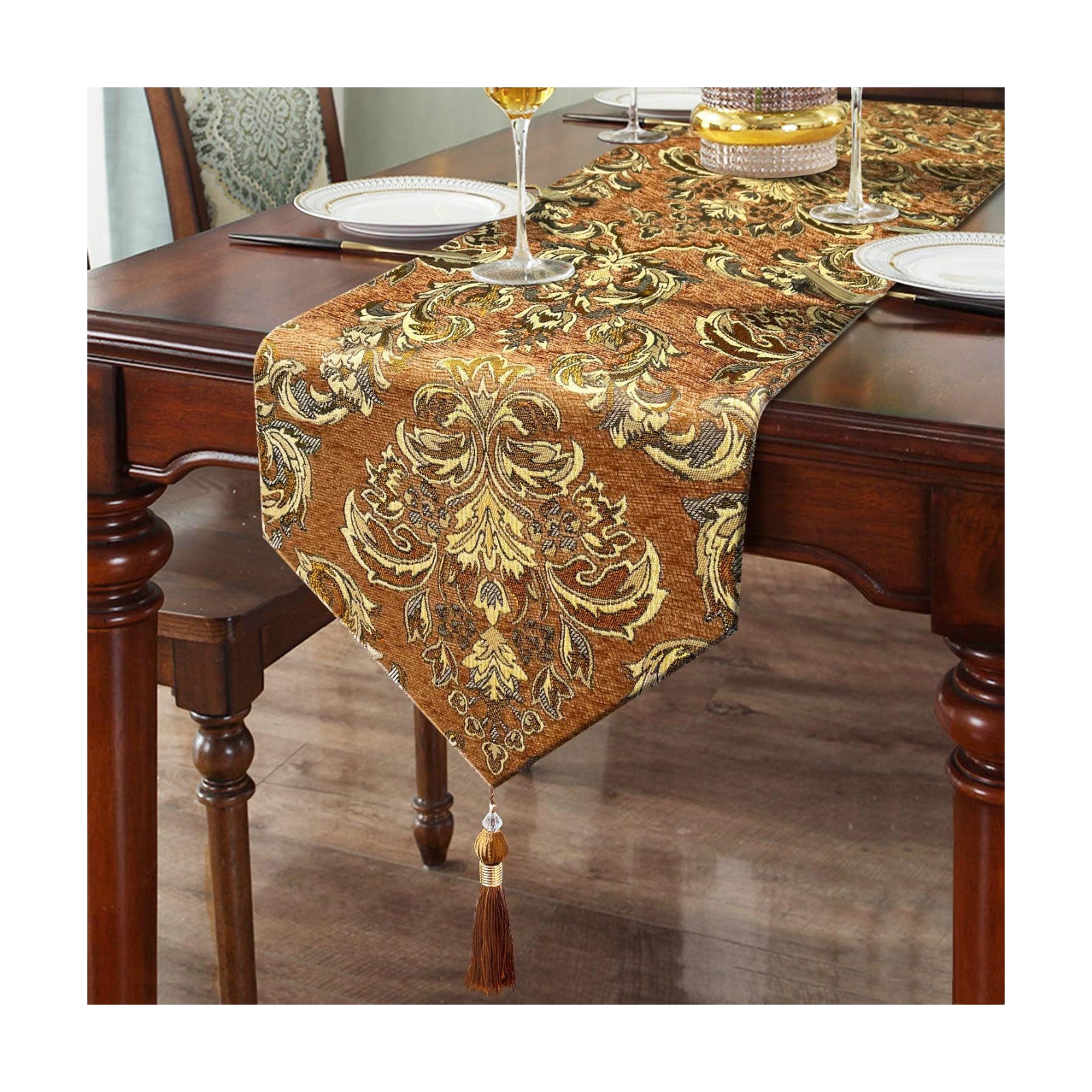 Deluxe Embroidered Table Runner 84" Caramel Retro Chenille Jacquard Cloths | with Bling Gold Embroidered,Decoration for
