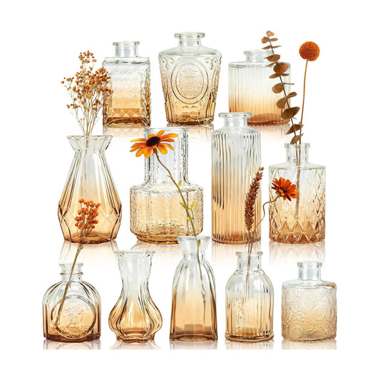 Glass Vases / Small Bud Vases for Flowers / Amber / Set of 12