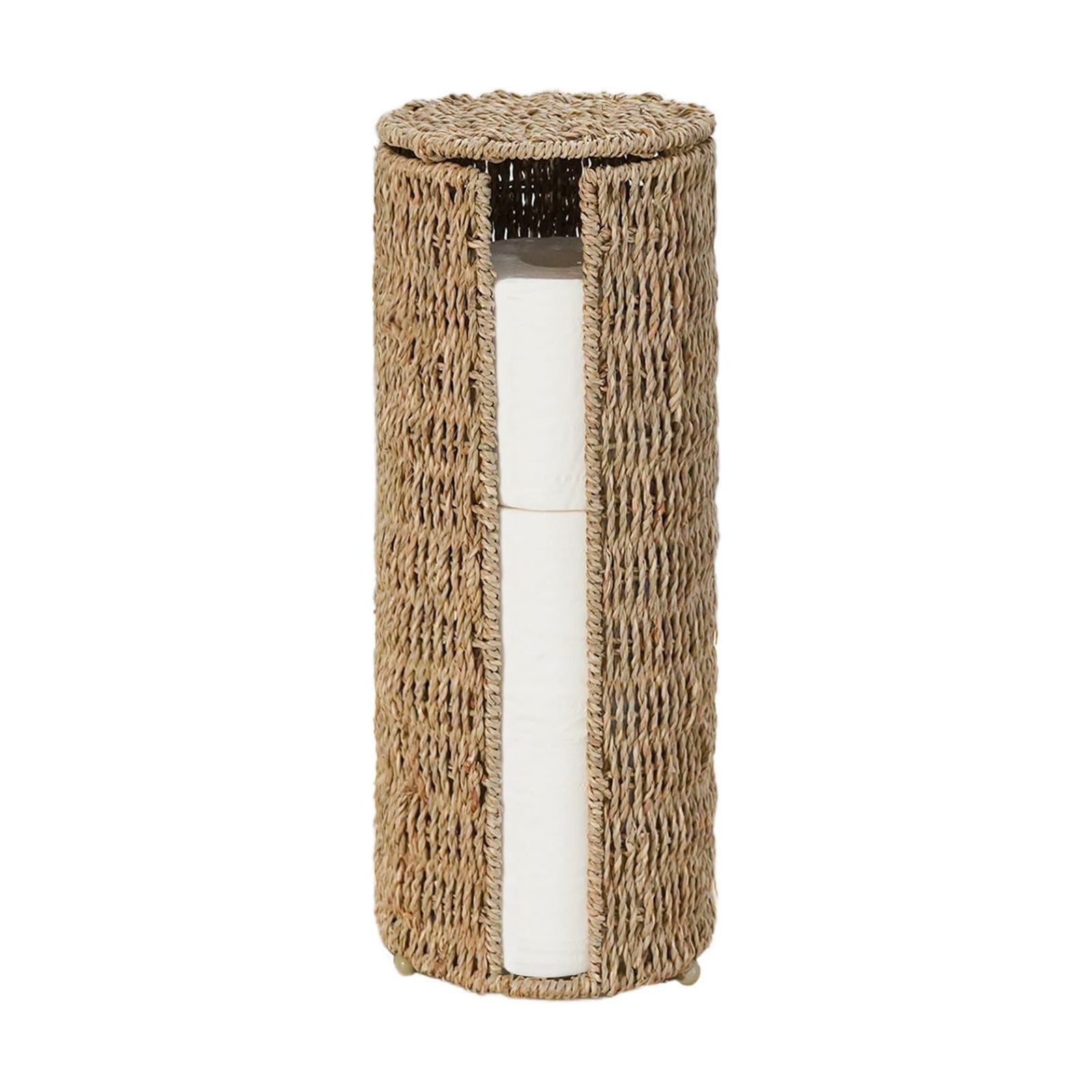PINXIURY Seagrass Toilet Paper Holder with Storage, 3 Rolls of Wicker Toilet Paper Holder for Bathroom and Under Sink