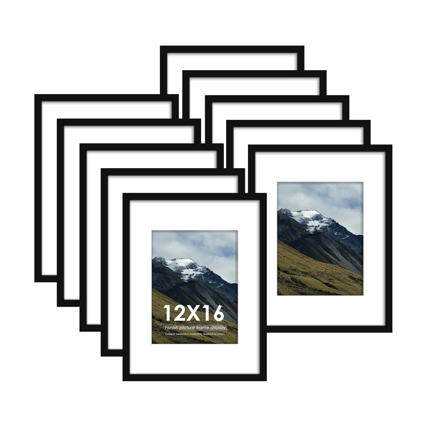 12x16 Picture Frame Sef of 10, for Wall Gallery Decor, Black | Display Pictures 8.5x11 with Mat or 12 x 16 Without Mat