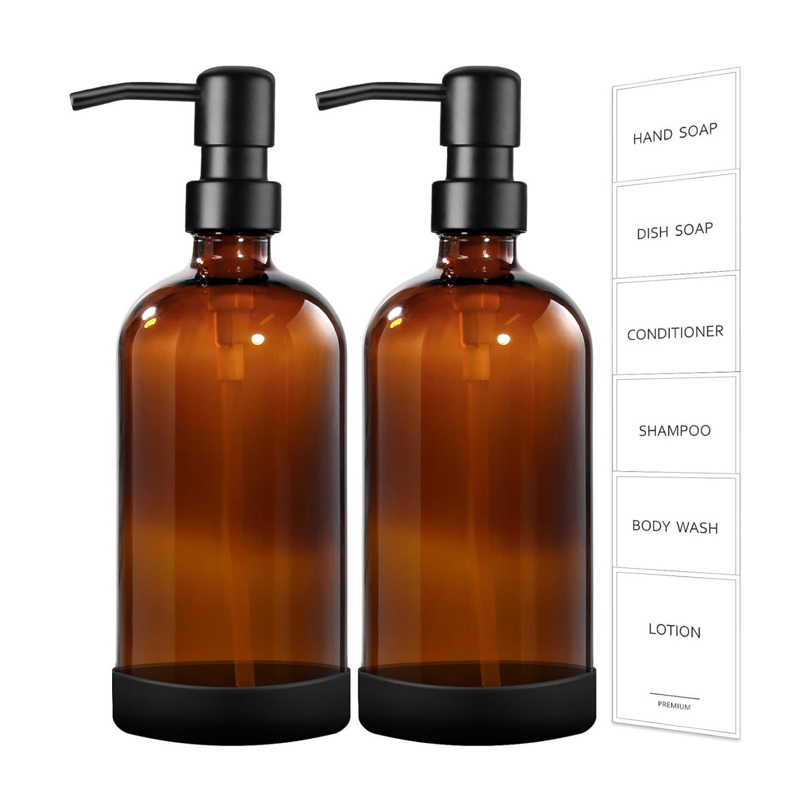 GMISUN Amber Glass Soap Dispenser with Silicone Sleeve Boot, 2 Pack Bathroom Hand Soap Dispensers with Pump, 17 Fl Oz