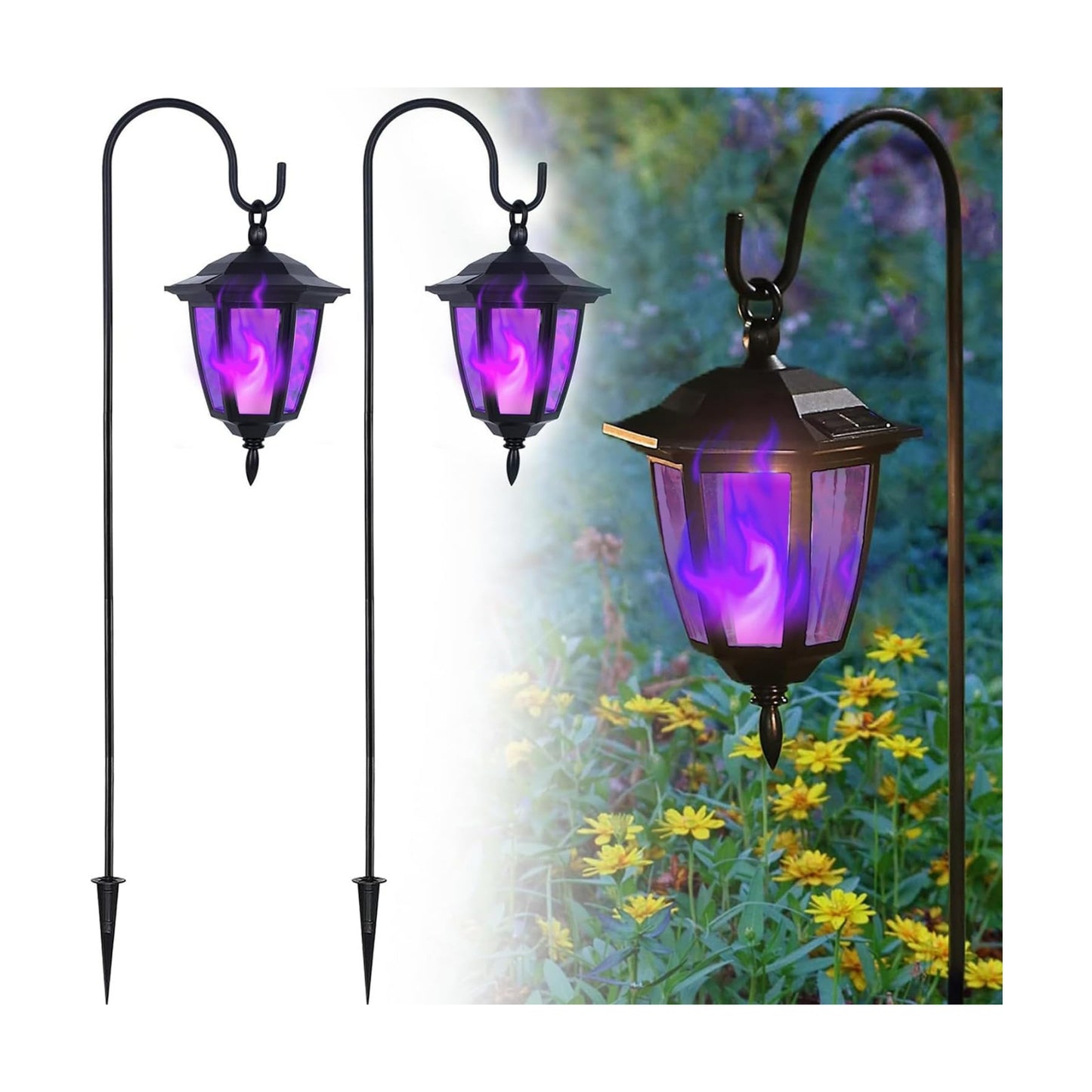Dynaming 2 Pack Solar Halloween Flame Hanging Lights Outdoor, Flickering Flame LED Garden Lanterns with 2x38 Inch