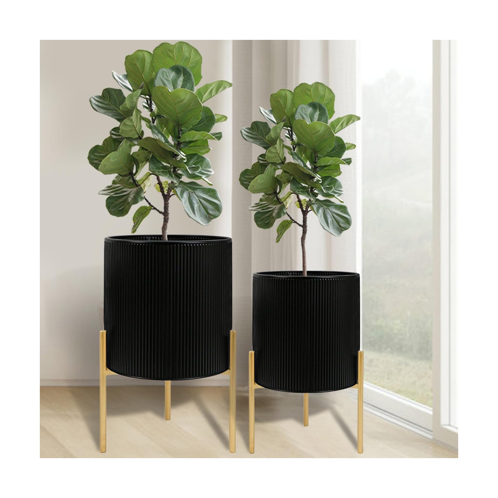 ARNIS Modern Plant Pots, Set of 2 Round Large Planters with Stand, Large Size Metal Pots with Drainage Holes for Living