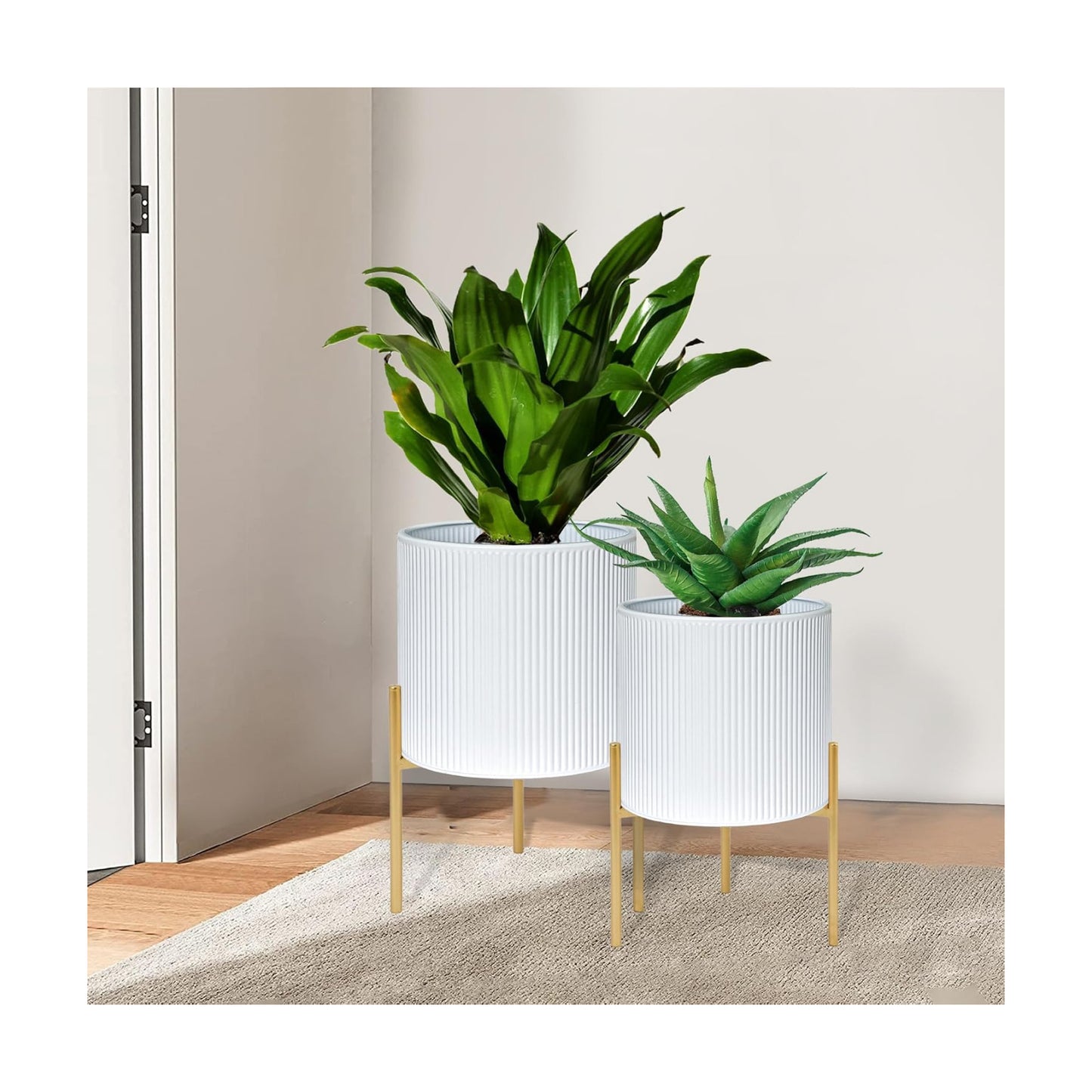 ARNIS Modern Plant Pots, Set of 2 Round Large Planters with Stand, Large Size Metal Pots with Drainage Holes for Living
