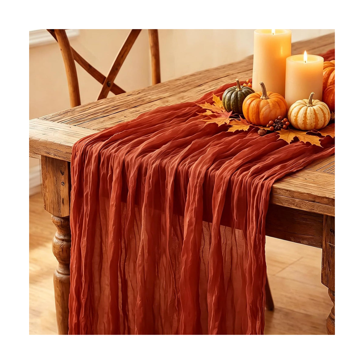 Fall Table Runner, 10FT Thanksgiving Terracotta Cheesecloth Table Runner 35*120inch Burnt Orange Decor for Autumn Fall Wedding Baby Shower Friendsgiving Thanksgivig Home Kitchen Table Decorations