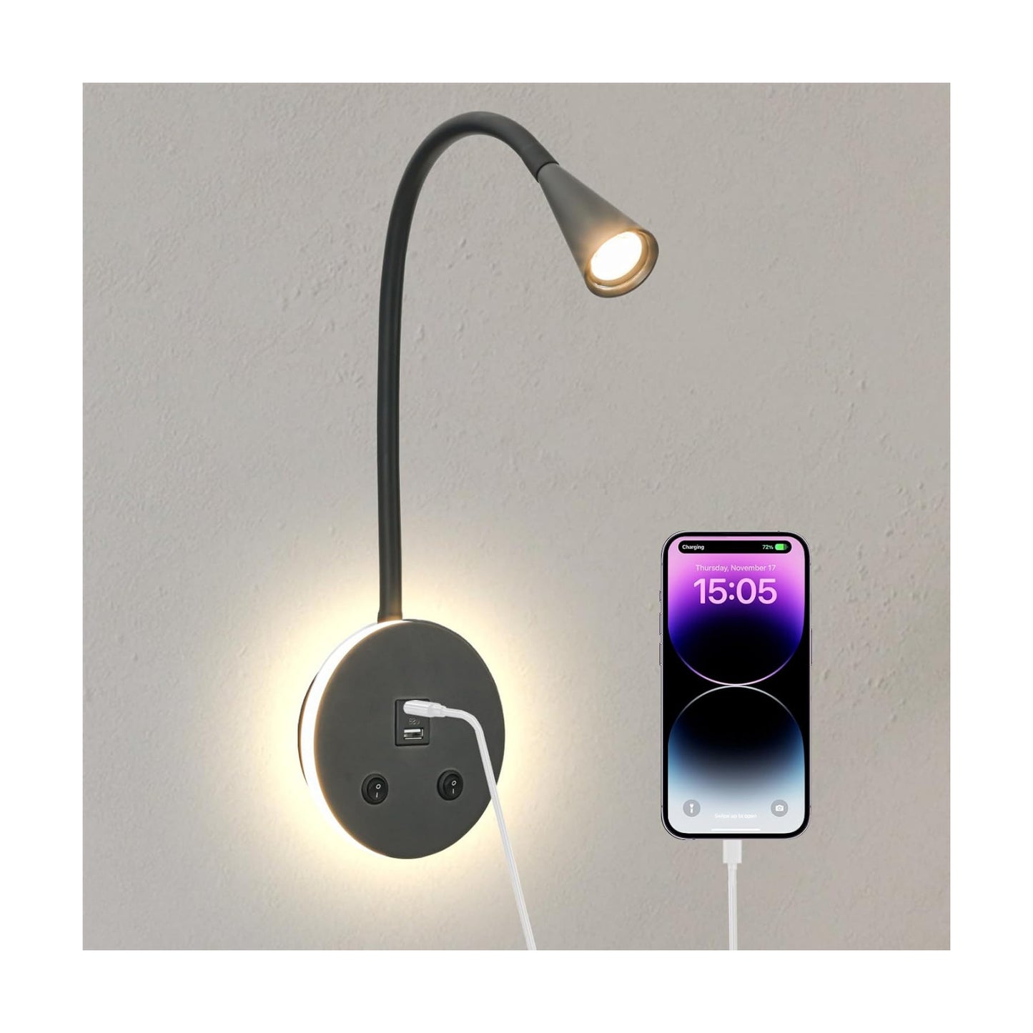 Book Lights for Reading at Night, LED Wall Mounted Reading Light, Flexible Gooseneck Wall Lamps for Bedroom, Plug in