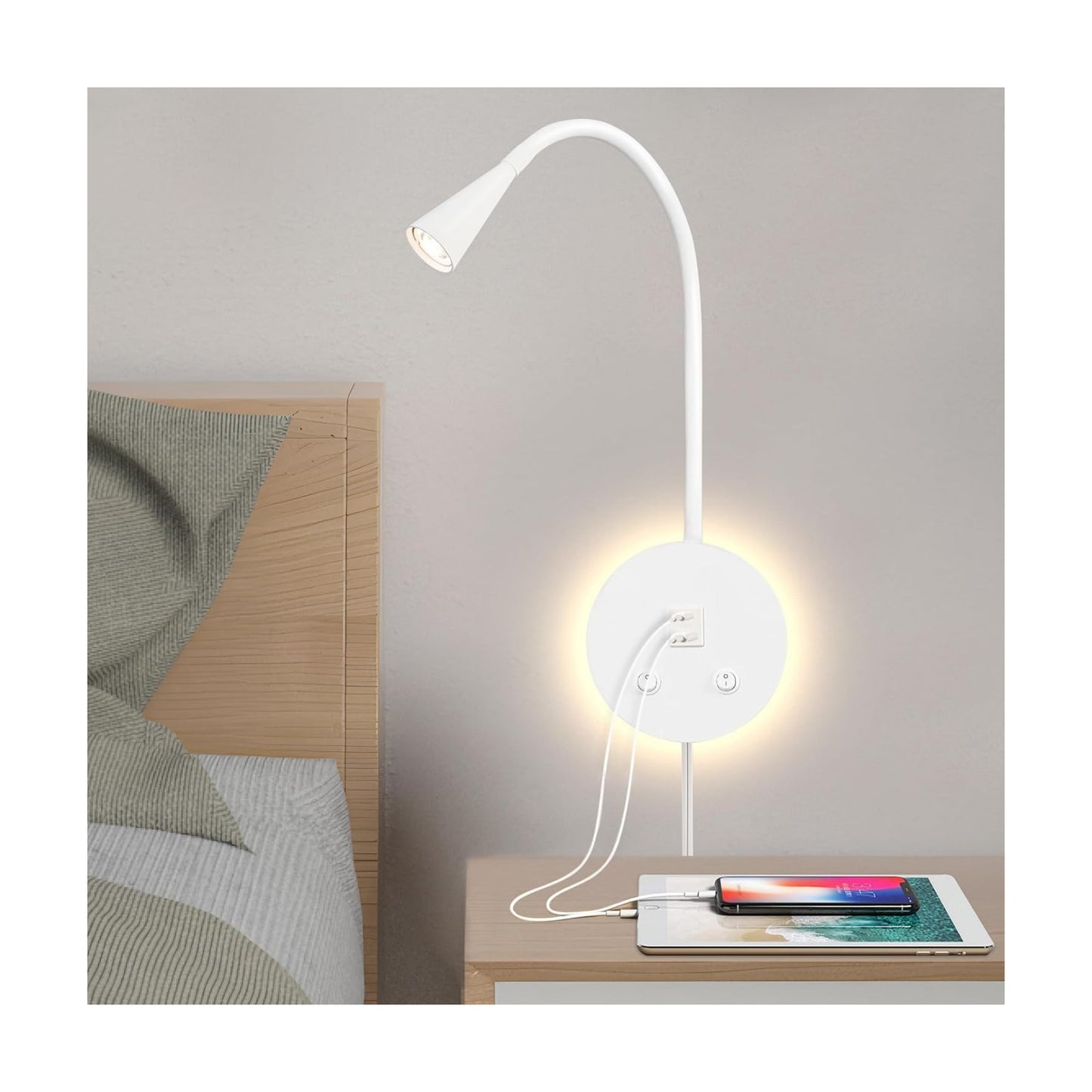 Dimmable LED Wall Reading Lamp - Adjustable Gooseneck Book Light for Bed, USB + Type C Output, 2-in-1 Night Light &