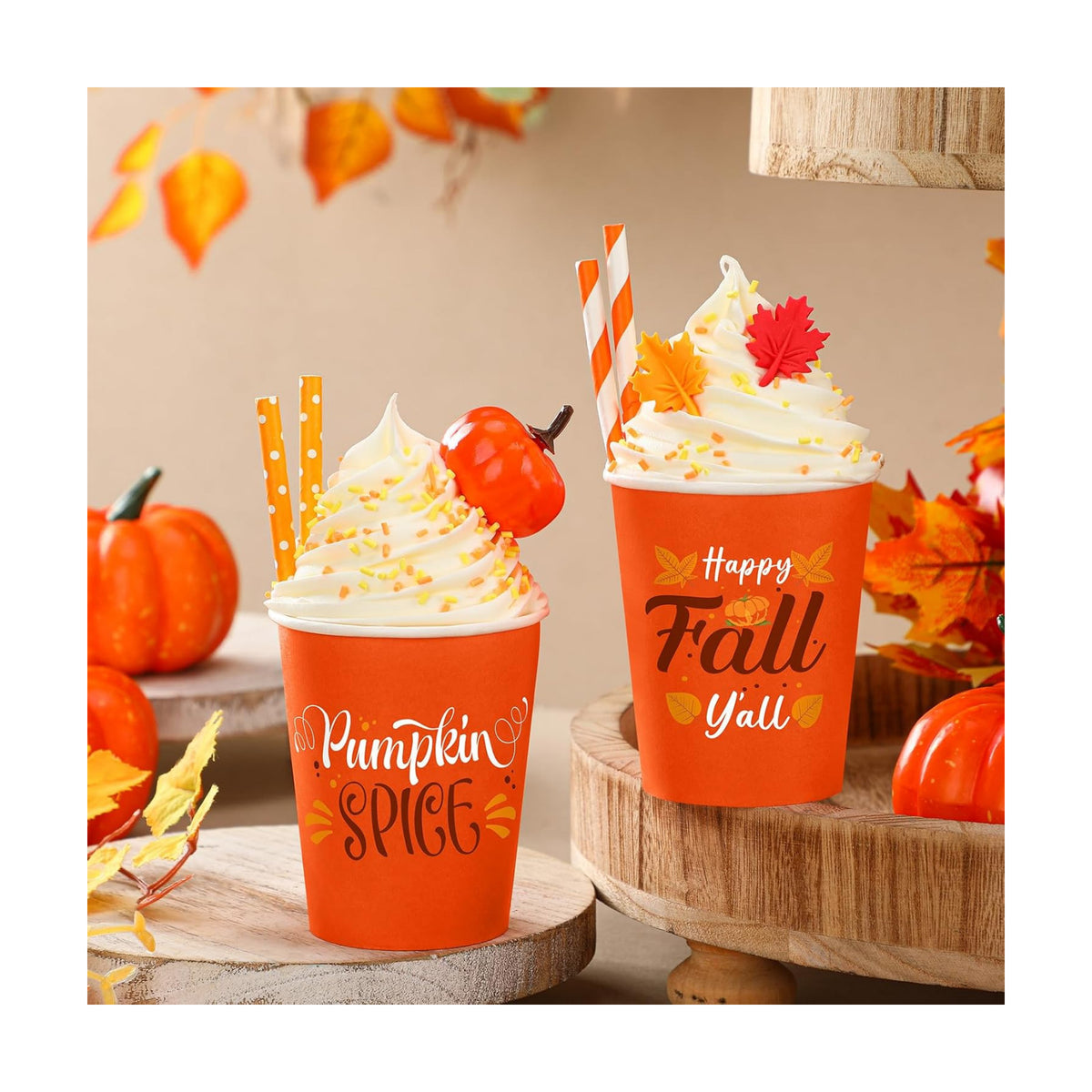 Yungyan 2 Pack Fall Tiered Tray Decor Faux Whipped Cream Cups Centerpieces
