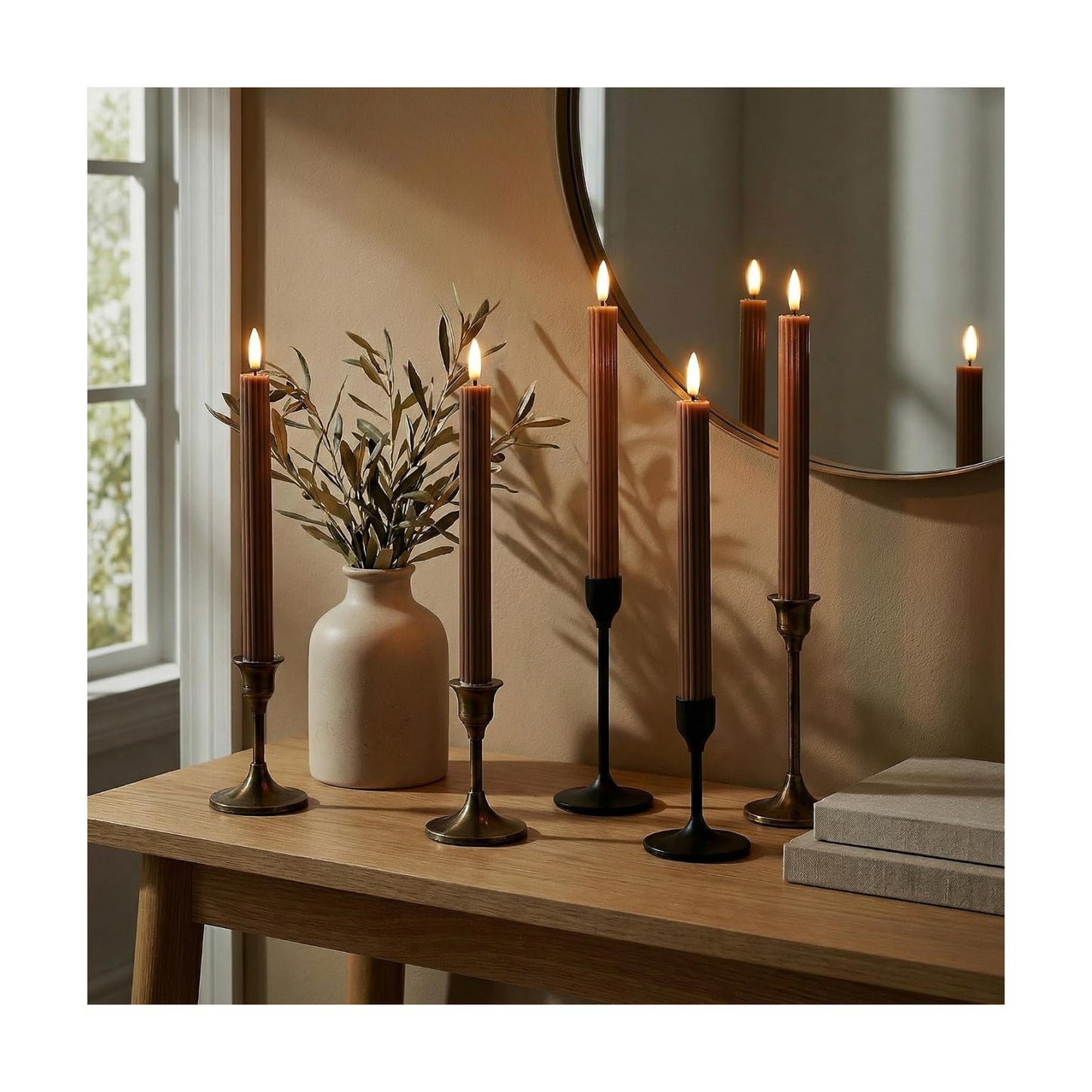 10" Fluted Ribbed LED Brown Tan Grooved Real Wax Taper Candles, Remote & 24h Timer Memory, On/Off Switch - Flameless