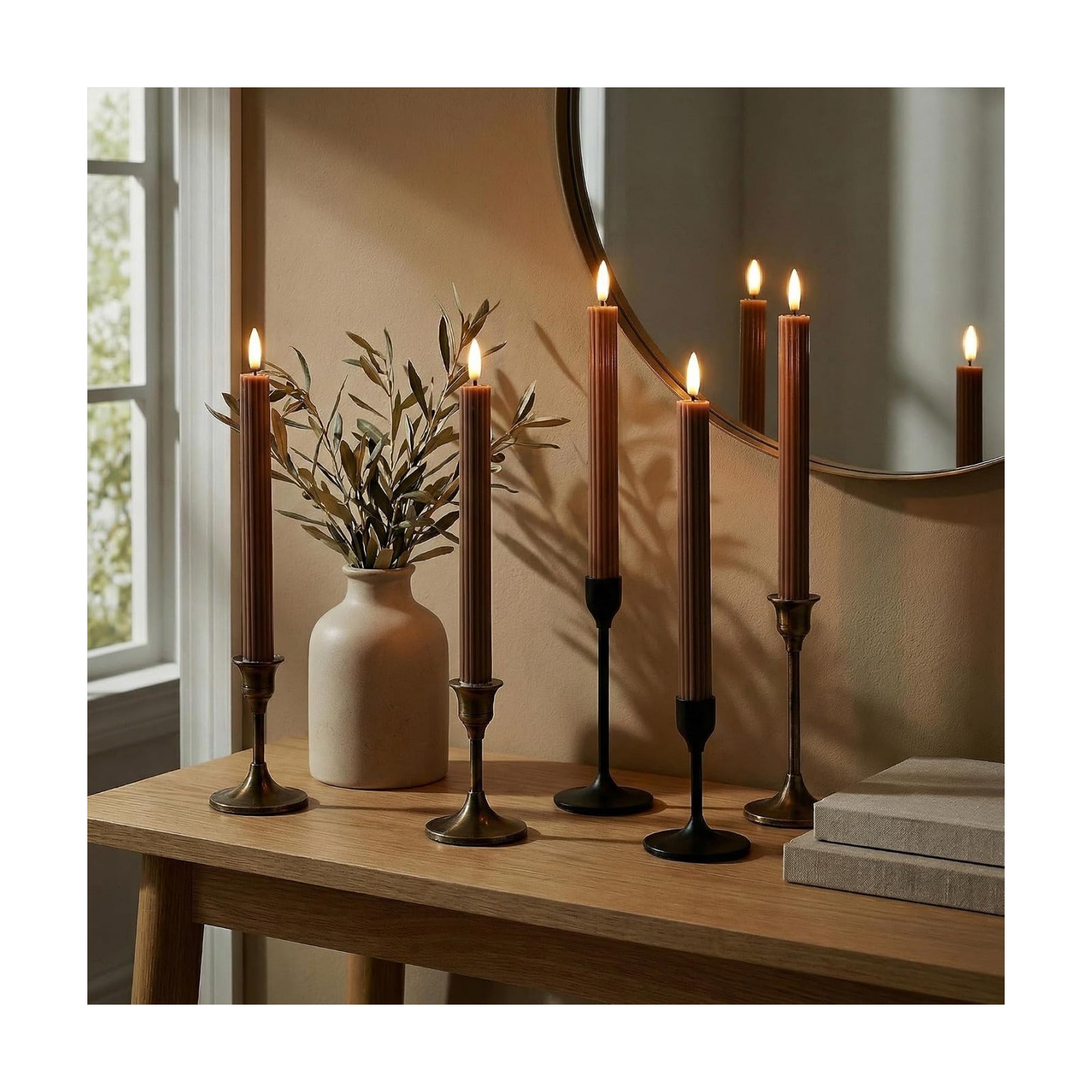 10" Fluted Ribbed LED Brown Tan Grooved Real Wax Taper Candles, Remote & 24h Timer Memory, On/Off Switch - Flameless