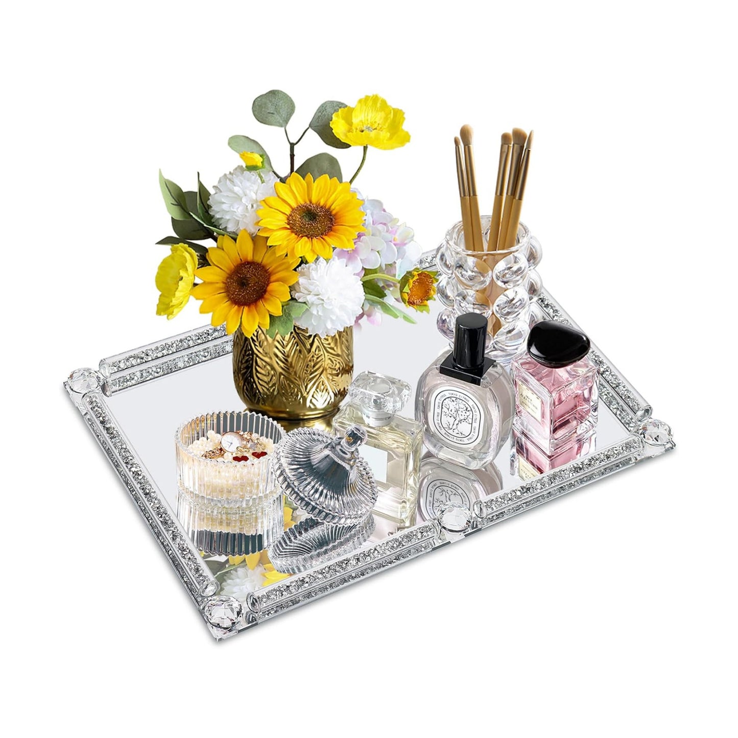 Crushed Diamond Filled Glass Vanity Tray / Silver / 15.7 x 11.8 x 1.4
