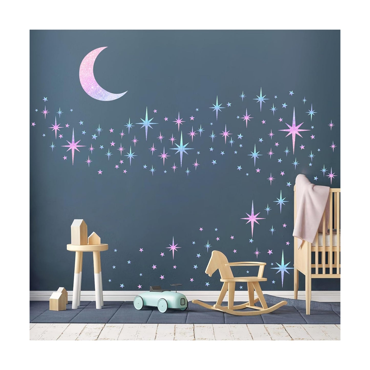 Retro Star Wall Decals Sparkle Wall Decal Peel and Stick Rainbow Star Moon Stickers / Colorful Satr