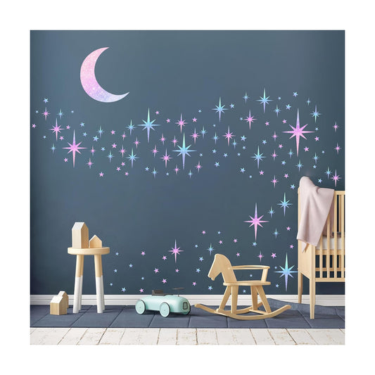 Retro Star Wall Decals Sparkle Wall Decal Peel and Stick Rainbow Star Moon Stickers / Colorful Satr