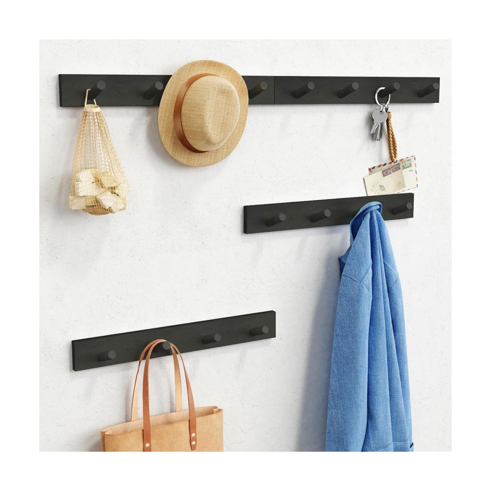 Forbena Black Coat Rack Wall Mount 4-Pack, Rustic Farmhouse Coat Hooks for Wall, Vertical Hanging Hat Rack for Office