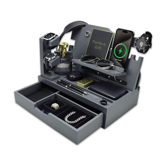 Nightstand Organizer for Men with Large Drawer, Wood Phone Docking Station for Phone, Apple Watch, Wallet & Keys, Ideal