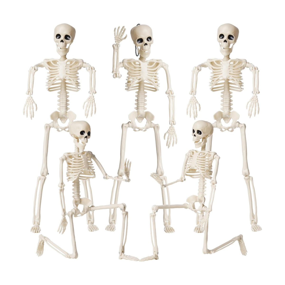 Halloween Decoration Outdoor 5 Pack Skeleton, 16" Plastic Posable Skeleton with Movable Joints, Small Hanging Skeletons for Halloween Decor, Haunted House Graveyard Props
