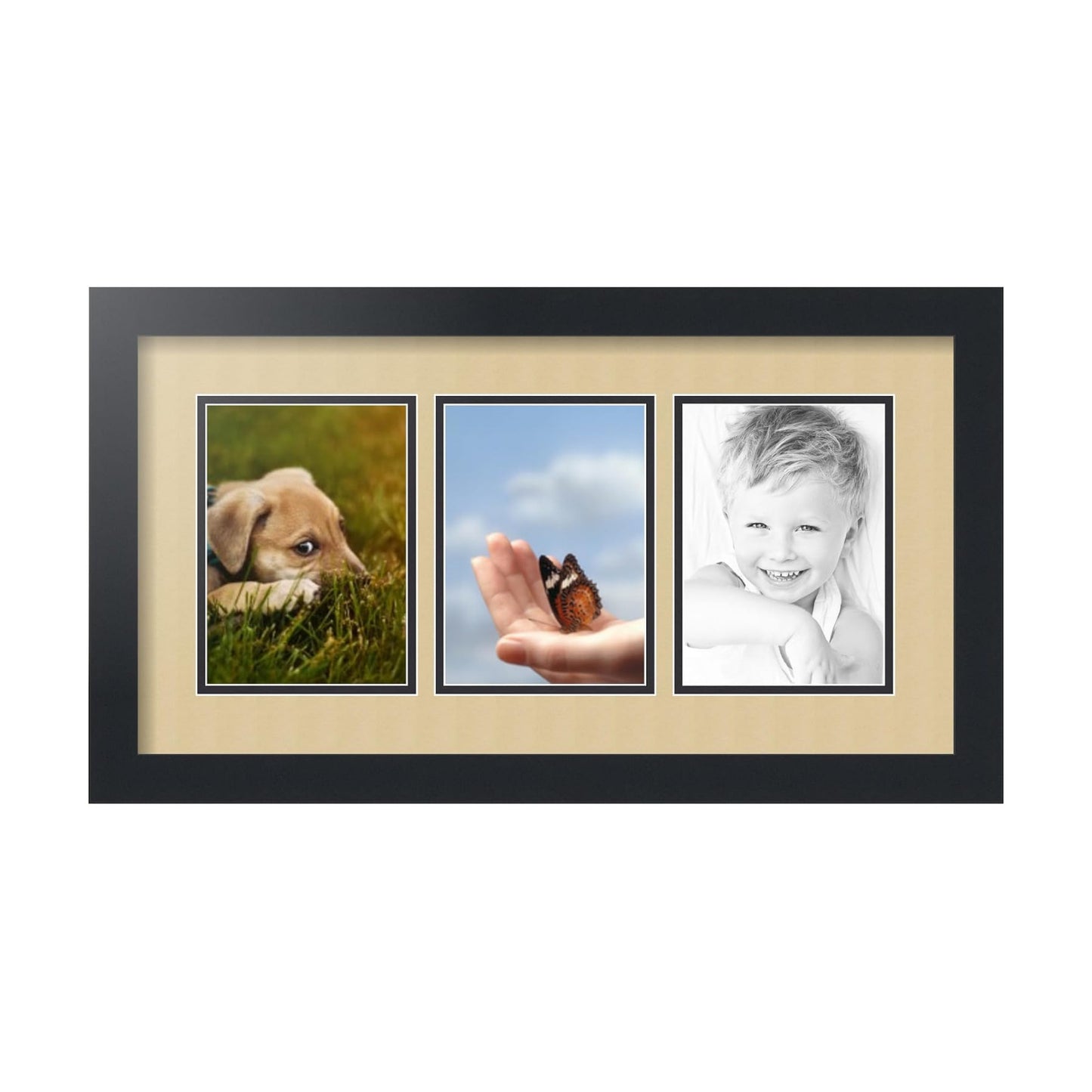 ArtToFrames Collage Picture Frame 3 Opening 3-5x7 Photo Frame | Made in USA | Black Frame Green Whisper and Black Mats