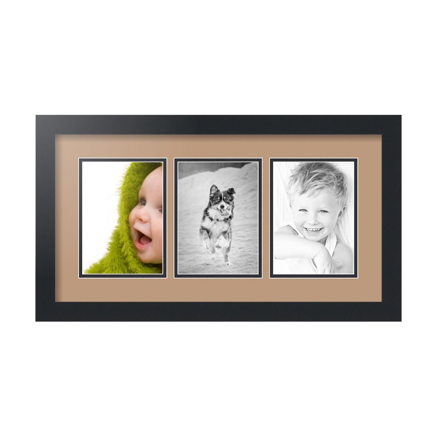 ArtToFrames Collage Picture Frame 3 Opening 3-5x7 Photo Frame | Made in USA | Black Frame Desert Sand and Black Mats