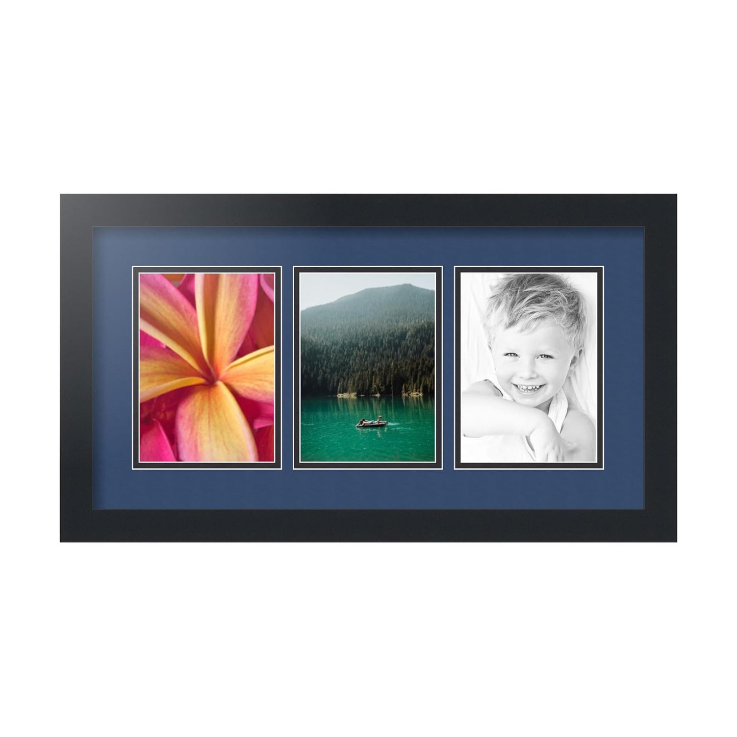 ArtToFrames Collage Picture Frame 3 Opening 3-5x7 Photo Frame | Made in USA | Black Frame Delft Blue and Black Mats
